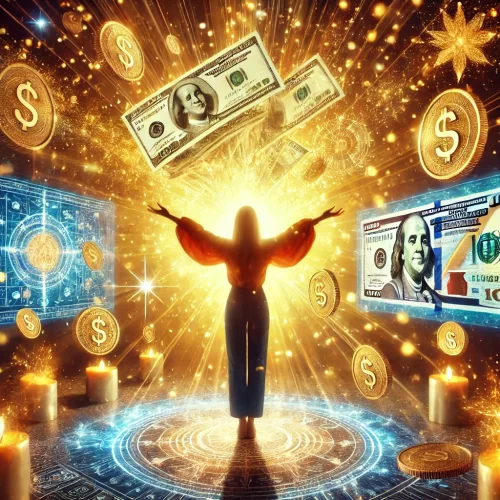 A vibrant and inspiring digital artwork representing money manifestation. The image features a person standing with arms open wide, surrounded by gold