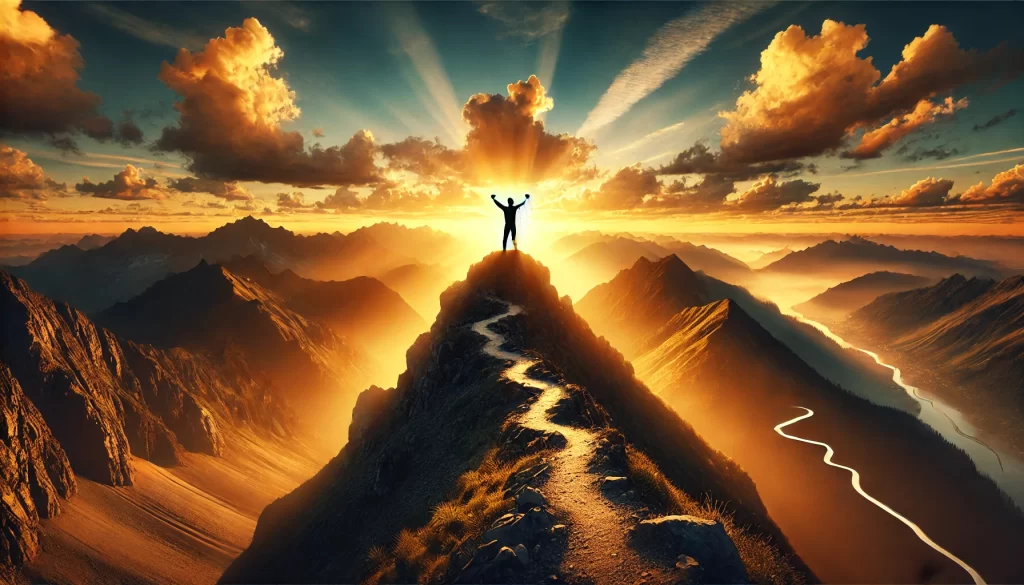 A visually captivating image representing motivation and success. The image features a person standing at the edge of a mountain peak, arms raised